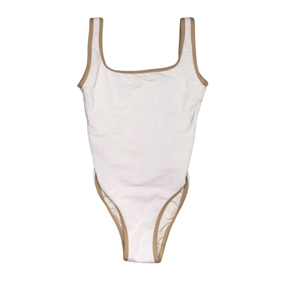 LainSnow Bathing Suit, brand new, never worn, white with tan trim.